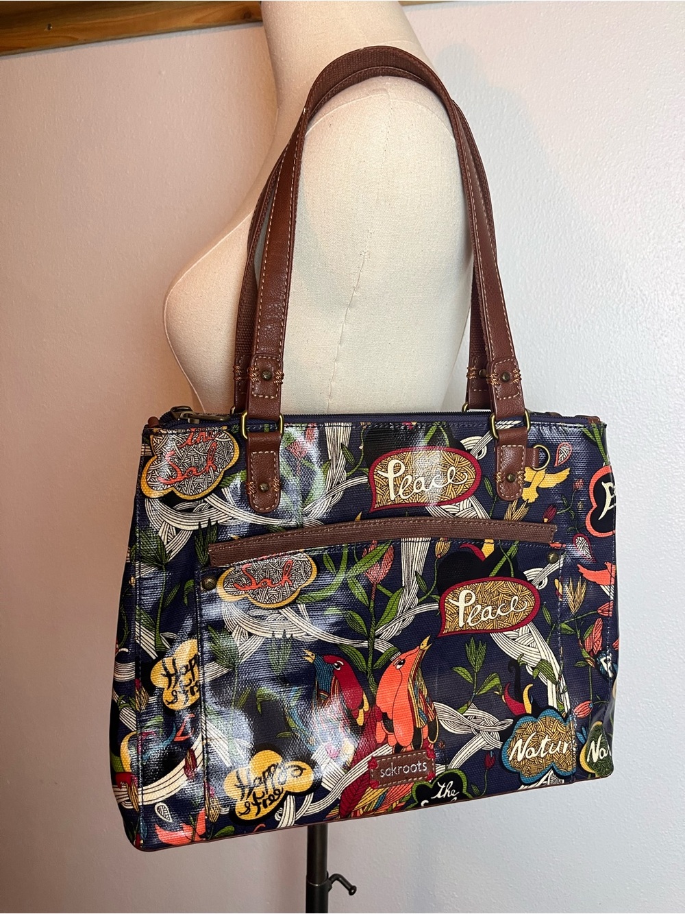 Sakroots Navy Floral Peace Print Shoulder Tote with Brown Leather Straps